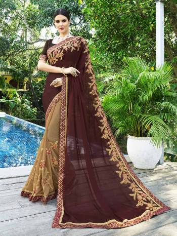 Enhace Your Beauty Wearing This Saree In Brown And Beige Color Paired With Brown Colored Blouse. This Saree Is Fabricated On Georgette Paired With Art Silk Fabricated Blouse. It Is Beautified With Attractive Embroidery All Over. Buy This Designer Saree Now.