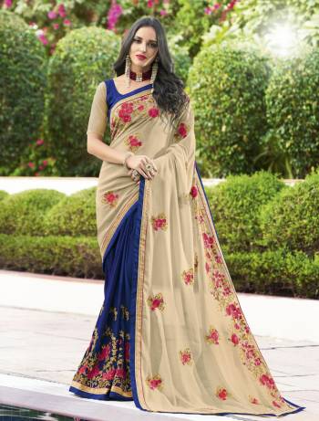 Flaunt Your Rich and Elegant Taste Wearing This Saree In Beige And Blue Color Paired With Blue Colored Blouse. This Saree Is Fabricated On Georgette Paired With Art Silk And Net Fabricated Blouse. It IS Beautified With Contrsting Embroidery All Over The Saree. Buy Now.