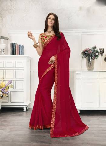 Add This Lovely Designer Saree To Your Wardrobe In Dark Pink Color Paired With Beige Colored Blouse, This Saree Is Fabricated On Chiffon Paired With Art Silk Fabricated Blouse. This Saree Is Light In weight And Its Fabrics Ensures Superb Comfort All Day Long.