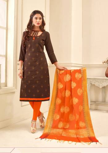 For Your Semi-Casual Wear, Grab This Dress Material In Brown Colored Top Paired With Contrasting Orange Colored Bottom And Dupatta. Its Top Is Fabricated On Glace Cotton Paired With Cotton Bottom And Banarasi Art Silk Dupatta. This Suit Is Light In Weight And Easy To Carry All Day Long.