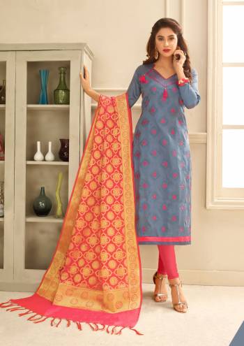 Flaunt Your Rich And Elegant Taste Wearing This Dress Material In Grey Colored Top Paired With Contrasting Pink Colored Bottom And Dupatta. Its Top Is Fabricated On Glace Cotton Paired With Cotton Bottom And Banarasi Art Silk. Grab It And Get This Stitched As Per Your Desired Fit And Comfort.