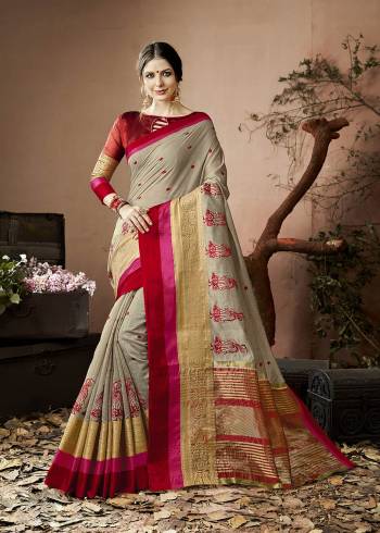 Here Is A Rich And Elegant Looking Saree In Grey Color Paired With Contrasting Maroon Colored Blouse. This Saree And Blouse Are Fabricated On Cotton Silk Beautified With Thread Work And Lace Border. This Saree Is Durable And Easy to Care For.