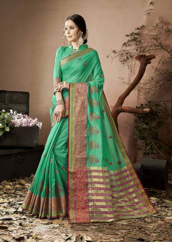 For Your Semi-Casual Wear Or Festive Wear, Grab This Pretty Saree In Sea Green Color Paired With Sea Green Colored Blouse. This Saree And Blouse Are Fabricated On Cotton Silk Beautified With Thread Work And Lace Border. It Is Light In weight And Easy To Drape.