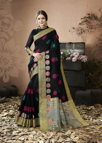 Enhance Your Beauty wearing this Saree In Black Color Paired With Black Colored Blouse. This Saree And Blouse Are Fabricated On Cotton Silk Beautified With Multi Colored Thread Work Over the Saree. Buy Now.