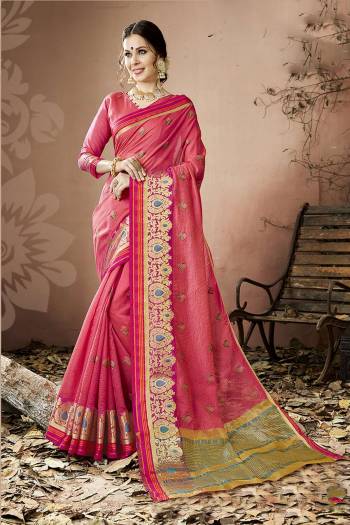 Look Pretty In This Pink Colored Saree Paired With Pink Colored Blouse. This Saree And Blouse Are Fabricated On Cotton Silk Beautified With Contrasting Colored Thread Work. This Saree Is Easy To Drape And Carry All Day Long.