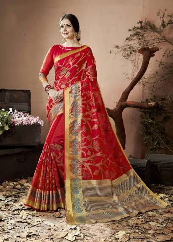 Adorn The Pretty Angelic Look Wearing This Saree In Red Color Paired With Red Colored Blouse. This Saree And Blouse Are Fabricated On Cotton Silk Beautified With Thread Work And Lace Border. Buy This Saree Now.