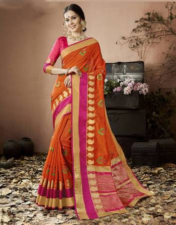 This Summer Wear This Bright And Attractive Saree In Orange Color Paired With Contrasting Pink Colored Blouse. This Saree And Blouse Are Fabricated On Cotton Silk Beautified With Thread Work And Lace Border. Buy It Now.