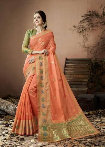 Must Have Color In Every Womens Wardrbe Is Here In Peach Color Paired With Contrasting Mint Green Colored Blouse. This Saree And Blouse Are Fabricated On Cotton Silk Beautified With Thread Work. It Is Light Weight And Easy to Carry All Day Long.