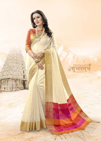 Simple And Elegant Looking Saree Is Here In Off-White Color Paired With Orange Colored Blouse. This Saree And Blouse Are Fabricated On Handloom Cotton Silk. This Color And Fabric Will Give A Rich And Elegant Look To Your Personality. Buy Now.