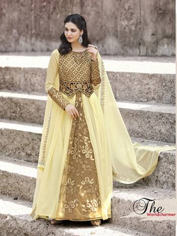 You Will Definitely Earn Lots Of Compliments Wearing This Designer Floor Length Suit In Cream Color Paired With Cream Colored Bottom And Dupatta. Its Top Is Fabricated On Georgette Paired With Santoon Bottom And Chiffon Dupatta. It Is Light In Weight And Easy To Carry All Day Long.