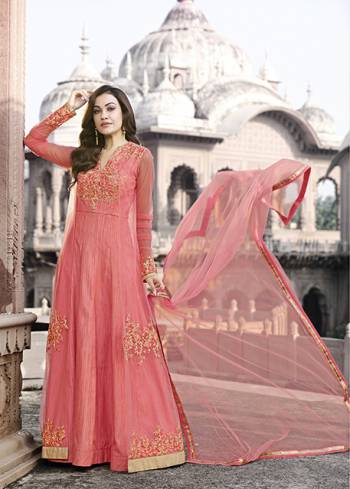 A Pretty Looking Shade Is Here In Pink With This Designer Floor Length Suit In Old Rose Pink Color Paired With Old Rose Pink Colored Bottom And Dupatta. Its Top Is Fabriacted On Net Paired With Santoon Bottom And Net Dupatta. It Is Light Weight And Easy To Carry Throughout The Gala.