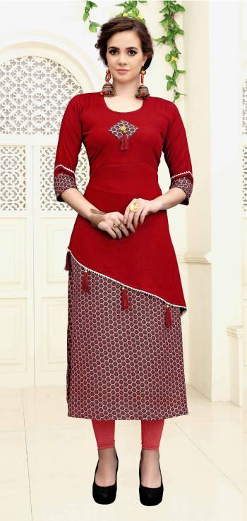 Adorn The Pretty Angelic Look Wearing This Readymade Kurti In Red Color Fabricated On Rayon Cotton Beautified With Prints, It Is Light Weight, Soft Towards Skin And Easy To Carry All Day Long.