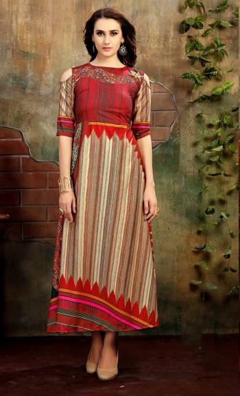 For Your Semi-Casual Wear, Grab This Pretty Kurti In Red And Beige Color Fabricated On Rayon Cotton. It Has Multiple Prints With Cold Shoulder Pattern. Buy This Kurti Now.