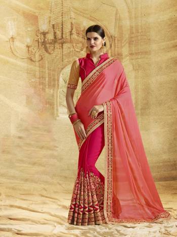 Look Beautiful In This Very Pretty Peach And Dark Pink Colored Saree Paired With Dark Pink Colored Blouse. This Saree Is Fabricated On Chiffon And Georgette Paired With Art Silk Fabricated Blouse. It Is Beautified With Embroidery Over The Panel And Lace Border. Buy This Designer Saree Now.