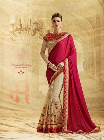 You Will Definitely Earn Lots Of Compliments Wearing This Saree In Dark Pink And Beige Color Paired With Golden Colored Blouse. This Saree Is Fabricated On Crepe Chiffon And Art Silk Paired With Art Silk Fabricated Blouse. This Designer Saree Is Light Weight And Easy To Carry Throughout The Gala.