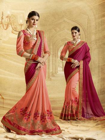 A Must Have Shade In Every Womens Wardrobe Is Here With This Saree In Dark Pink And Peach Color Paired With Paech Colored Blouse. This Saree Is Fabricated On Chiffon And Art Silk Paired With Art Silk Fabricated Blouse. Its Complimenting Colors And Embroidery Is Making The Saree Attractive.