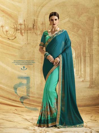 Be The Best Version Of Yourself Wearing This Designer Saree In Teal Blue And Sea Green Color Paired With Sea Green Colored Blouse. This Saree Is Fabricated On Chiffon And Art Silk Paired With Art Silk Fabricated Blouse. It Is Light Weight, Soft Towards Skin And Easy To Carry All Day Long. 