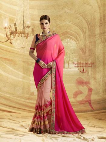 Look Pretty In This Lovely Designer Saree In Shades Of Pink With Pink And Baby Pink Colored Saree Paired With Contrasting Navy Blue Colored Blouse. This Saree Is Fabricated On Georgette Paired With Art Silk Fabricated Blouse. It Is Beautified With Contrasting Embroidery. Buy Now.