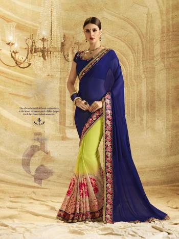 Colors Add Beauty To Any Attire, Like This One, Go For This Colorful Saree In Navy Blue And Parrot Green color Paired With Navy Blue Colored Blouse. This Saree Is Fabricated On Georgette Paired With Art Silk Fabricated Blouse. It Has Very Pretty Detailed And Contrasting Embroidery Over The Panel And Lace Border.