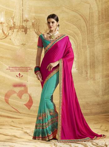 Celebrate This Festive Season Wearing this Designer Saree In Dark Pink And Sea Green Color Paired With Sea Green Colored Blouse. This Saree Is Fabricated On Crepe Chiffon And Georgette Paired With Art Silk Fabricated Blouse. Its Lovely Traditonal Colors And Embroidery Will Earn your Lots Of Compliments From Onlookers.