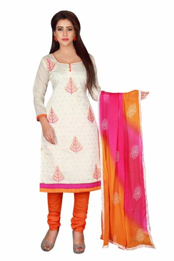 Simple and Elegant Looking Suit Is Here In White Colored Top Paired With Orange Colored Bottom And Orange And Pink Shaded Dupatta. Its Top Is Fabricated On Chanderi Cotton Paired With Santoon Bottom And Chiffon Dupatta. Buy Now.