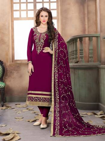 New And Unique Shade Is Here With This Designer Straight Cut Suit In Wine Color Paired With Wine Colored Bottom And Dupatta. Its Top Is Fabricated On Georgette Paired With Santoon Bottom And Chiffon Dupatta. Buy It Now.