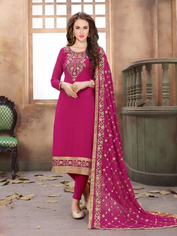 ShineBright In This Designer Straight Cut Suit In Dark Pink Color Paired With Dark Pink Colored Bottom And Dupatta. Its Top Is Fabricated On Georgette Paired With Santoon Bottom And Chiffon Dupatta. Buy This Semi-Stitched Suit Now.