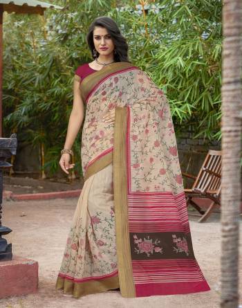 Add This Decent And Rich Looking Saree In Cream Color Paired With Dark Pink Colored Blouse. This Saree And Blouse Are Fabricated On Cotton Silk Beautified With Floral Prints. 