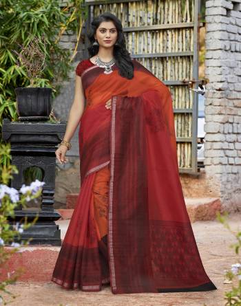 For Your Semi-Casual Wear, Grab This lovely Saree In Maroon And Orange Color Paired With Maroon Colored Bllouse. This Saree And Blouse Are Fabricated On Cotton Silk Beautified With Prints All Over It. Buy Now.