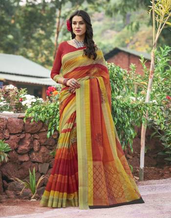 Here Is An Attracttive And Colorful Saree In Multi Color Paired With Red Colored Blouse. This Saree And Blouse Are Fabricated On Cotton Silk Beautified With Prints All Over It. Buy Now.