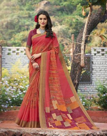 Shine Bright Wearing This Attractive Saree In Dark Peach Color Paired With Contrasting Magenta Pink Colored Blouse. This Lovely Saree And Blouse Are Fabricated On Cotton Silk Beautified With Prints All Over It. Buy This Saree Now.