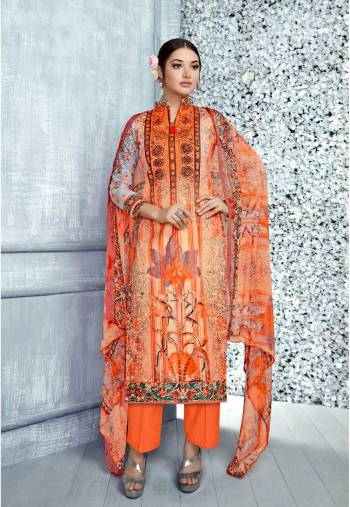 Orange Color Induces Perfect Summery Appeal To Any Outfit, So Grab This Dress Material For Your Casual Wear In Orange Color Paired With Orange Colored Bottom And Dupatta. Its Top Is Fabricated On Cambric Cotton Paired With Cotton Bottom And Chiffon Dupatta. 