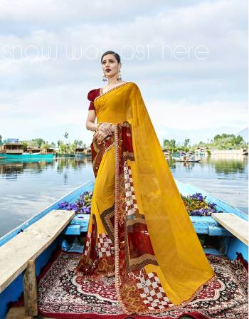 Shine Bright Wearing This Attractive Saree In Musturd Yellow Color Paired With Contrasting Red Colored Blouse. This Beautiful Saree Has Weightless Fabric Paired With Art Silk fabricated Blouse. It Has Lovely Prints All Over. Buy Now.