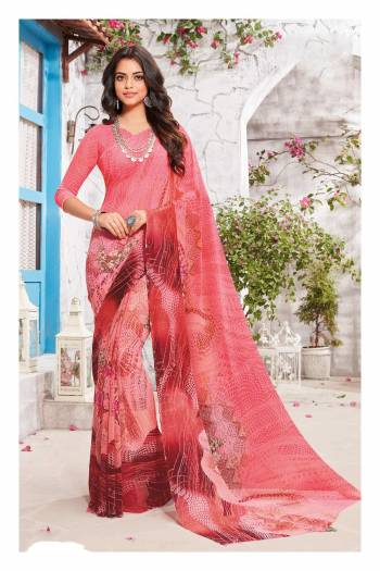 Pink Is A Color Fond By Every Lady, Grab This Pretty Saree In Light Pink Color Paired With Light Pink Colored Blouse. This Saree And Blouse Are Fabricated On Georgette Beautified With Prints. Buy This Lovely Saree Now.