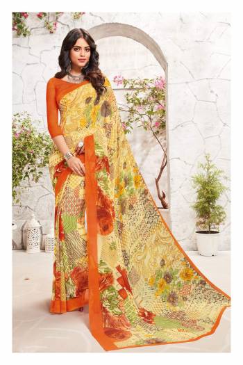 Bright And Traditional Colors Are Here With This Saree In Yellow Color Paired With Contrasting Orange Colored Blouse. This Saree And Blouse Are Fabricated On Georgette Beautified With Floral Prints. Buy This Saree Now.