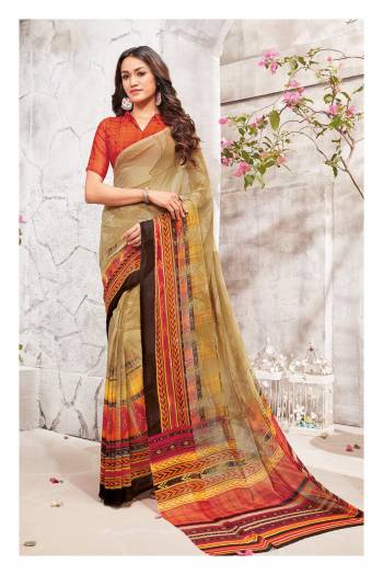 Simple and Elegant Looking Saree Is Here With Pretty Floral Prints. Grab This Saree In Beige Color Paired With Contrasting Orange Colored Blouse. This Saree And Blouuse Are Fabricated On Georgette Which Is Light In Weight And Easy To Carry All Day Long.