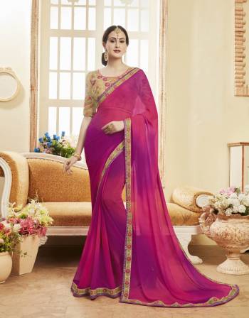 Attract All Wearing This Designer Saree In Magenta Pink Color Paired With Beige Colored Blouse. This Saree Is Fabricated On Georgette Paired With Art Silk Fabricated Blouse. It Has Contrasting Embroidery Over The Blouse And Lace Border. Buy Now.