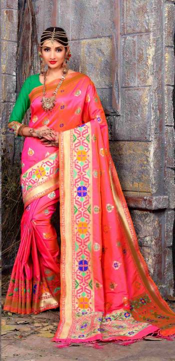 Bright And Visually Appealing Color Is Here With This Silk Saree In Pink Color Paired With Contrasting Green Colored Blouse. This Saree And Blouse Are Fabricated On Art Silk Beautified With Weave All Over It. Its Atrractive Color Will Give An Unique Look To Your Personality.