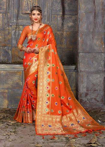 Orange Color Induces Perfect Summery Appeal To any Outfit, So This Summer Grab This Beautiful And Attractive Silk saree In Orange Color Paired With Orange Colored Blouse. This Saree And Blouse Are Fabricated On Art Silk Beautified With Weave All Over.