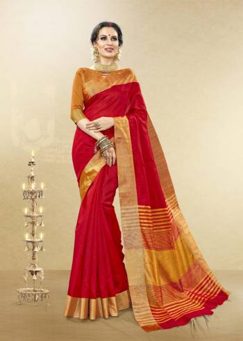 Red And Orange Color Induces Perfect Summery Appeal To Any Outfit, So Grab This Saree In Red Color Paired With Contrasting Red Colored Blouse. This Saree And Blouse Are Fabricated On Handloom Cotton Silk. Buy This Rich and Attractive Saree Now.