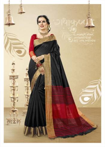 Enhance Your Beauty wearing This Saree In Black Color Paired With Red Colored Blouse. This Evergreen Combination In Such Saree Will Earn You Lots Of Compliments From Onlookers. This Saree And Blouse Are Fabricated On Handloom Cotton Silk Which Is Light Weight And Easy To Carry All Day Long.