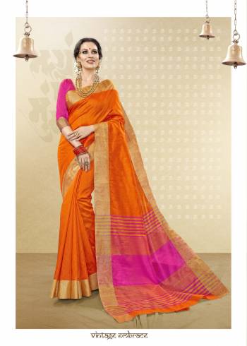 Bright And Visually Appealing Color Is Here With This Saree In Orange Color Paired With Contrasting Fuschia Pink Colored Blouse. This Saree and Blouse Are Fabricated On Handloom Cotton Silk. It Is Easy To Carry And Durable.