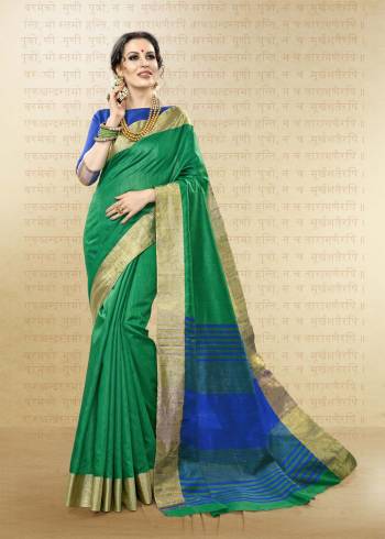 For Your Semi-Casual Wear, Grab This Pretty Saree In Green Color Paired With Contrasting Royal Blue Colored Blouse. This Saree And Blouse Are Fabricated On Handloom Cotton Silk Which Is Light Weight And Easy To Carry All Day Long.