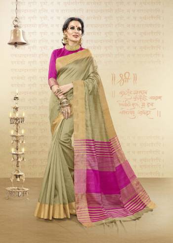 Simple and Elegant Looking Saree Is Here In Beige Color Paired With Pink Colored Blouse. This Saree And Blouse Are Fabricated On Handloom Cotton Silk Which Is Light In Weight And Easy To Carry All Day Long.