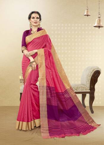 Look Pretty Wearing This Lovely Combination In Cotton Silk Saree In Pink Color Paired With Contrasting Purple Colored Blouse. This Saree And Blouse Are Fabricated On Handloom Cotton Silk. It Ensures Superb Comfort And Earn You Lots Of Compliments.