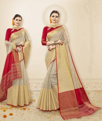 For A Beautiful Traditonal Look, Grab This Saree In Pale Grey Color Paired With Red Colored Blouse. This Saree And Blouse Are Fabricated On Cotton Handloom Silk Which Gives A Rich Look To Your Personality. Buy It Now.