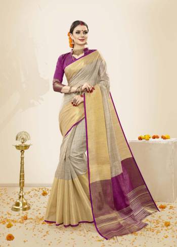 You Will Definitely Earn Lots Of Compliments Wearing This Saree In Pale Grey Color Paired With Contrasting Purple Colored Blouse. This Saree and Blouse are Fabricated On  Cotton Handloom Silk. Its Pretty Color And Rich Fabric Gives A Very Elegant Look.