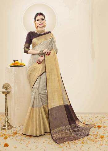 Bold And Beautiful Look Is Here With This Pretty Saree In Pale Grey Color Paired With Brown Colored Blouse. This Saree And Blouse Are Fabricated On Cotton Handloom Silk Which Is Light Weight And Easy To carry All Day Long.