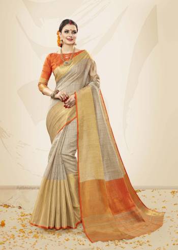 Grab This Rich And Elegant Looking Saree In Pale Grey Color Paired With Orange Colored Blouse. This Saree And Blouse Are Fabricated On Cotton Handloom Silk Which Is Light Weight And Easy To Carry All Day Long.