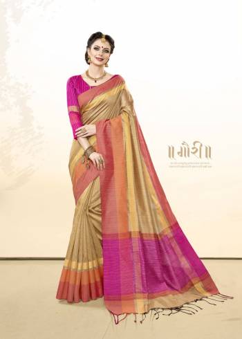 Rich And Elegant Looking Saree Is Here In Beige Color Paired With Contrasting Dark Pink Colored Blouse. This Saree And Blouse Are Fabricated On Khadi Cotton Silk Which Is Light Weight And Easy To Carry All Day Long.